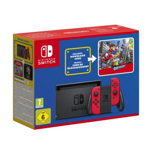 Console Nintendo Switch rouge + Code de téléchargement Super Mario Odyssey  + autocollants Super Mario Bros.