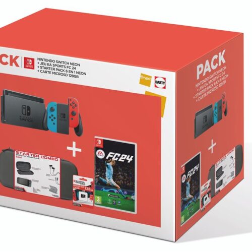 Pack Console Nintendo Switch Rouge et Bleu Néon + Jeu EA Sports FC 24 + Starter Pack 6 en 1 Néon + Carte